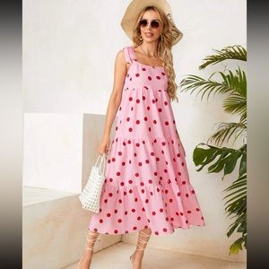 SHEIN Knot Shoulder Polka Dot Print Ruffle Hem Cami Dress Pink Red 4 New S Midi